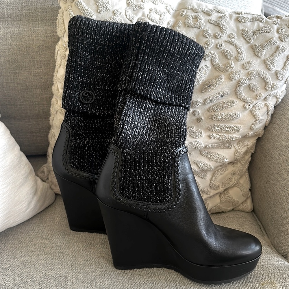 Gucci Black Knit Sock Wedge boots